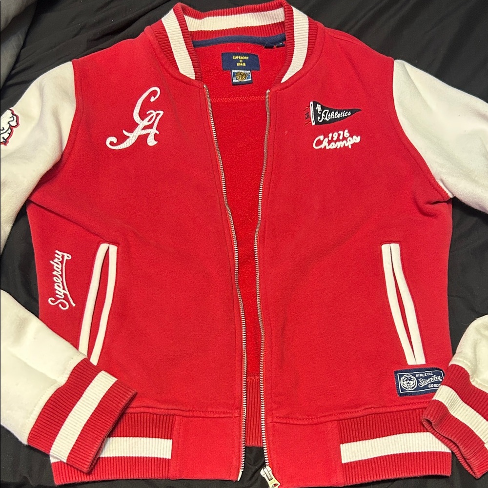 Superdry Red and White Varsity Jacket